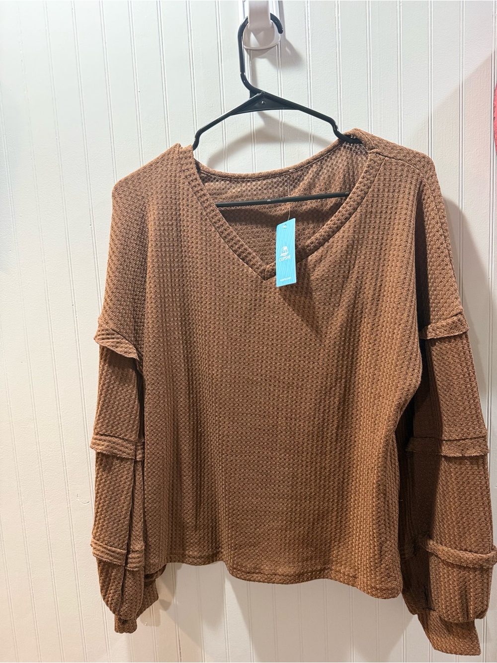 Cupshe Brown Waffle Knit V-Neck Long Sleeve Top